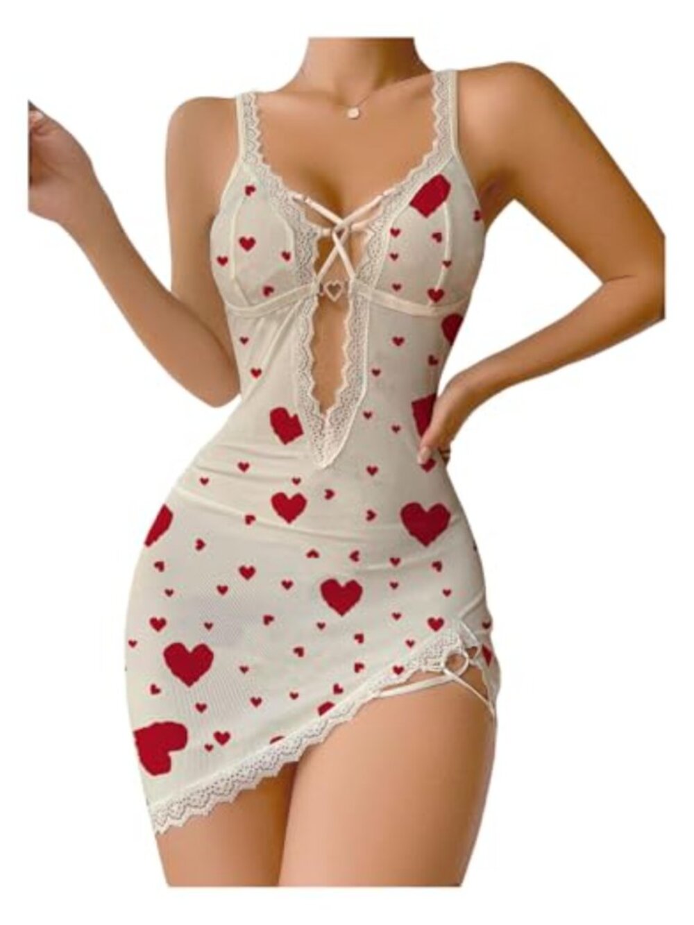 Women's Sexy Lace Trim V Neck Sleeveless Slit Nightgown Chemise Sleepwear
